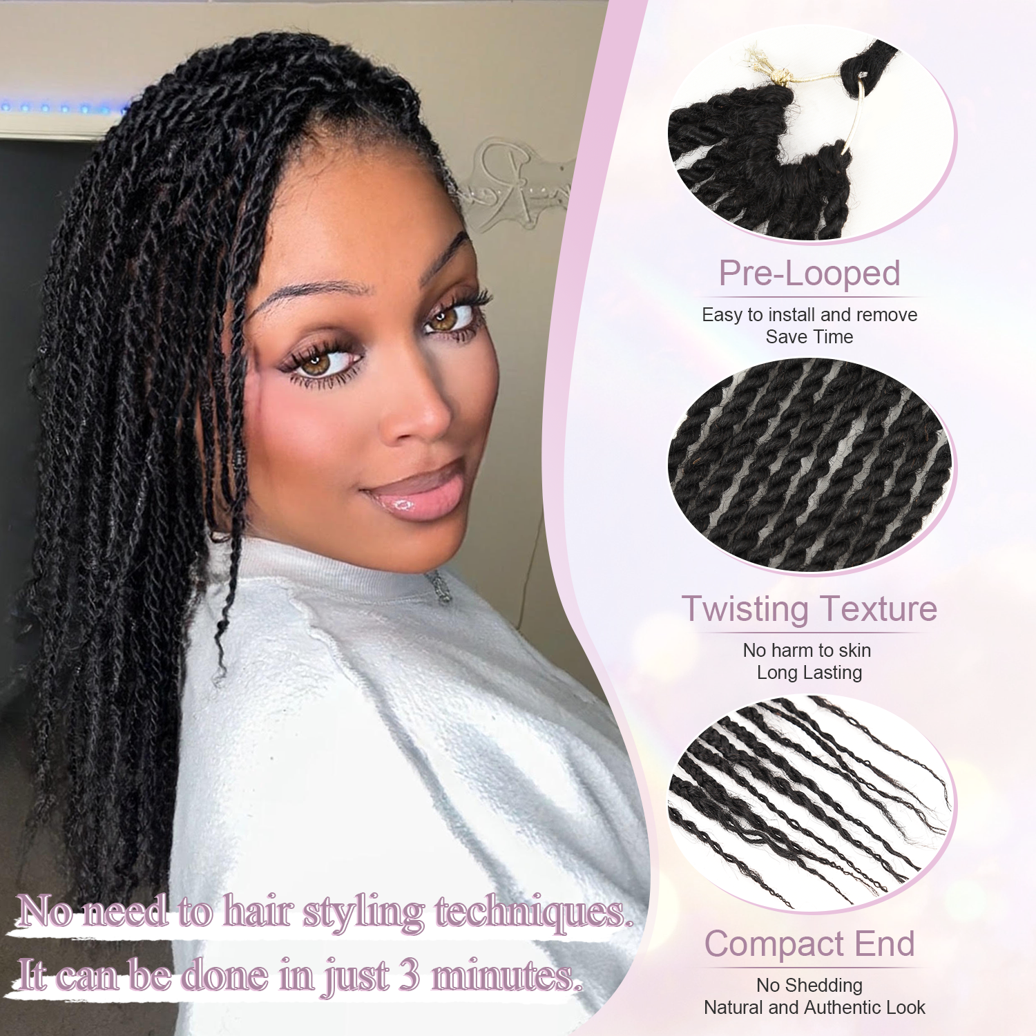 Dreadlocks Extensions Cheveux Humains Permanent Dreads Locs Extensions de Cheveux pour Retwist et Braid Couleur Naturelle 0.4cm Mince (6-12 Pouces)