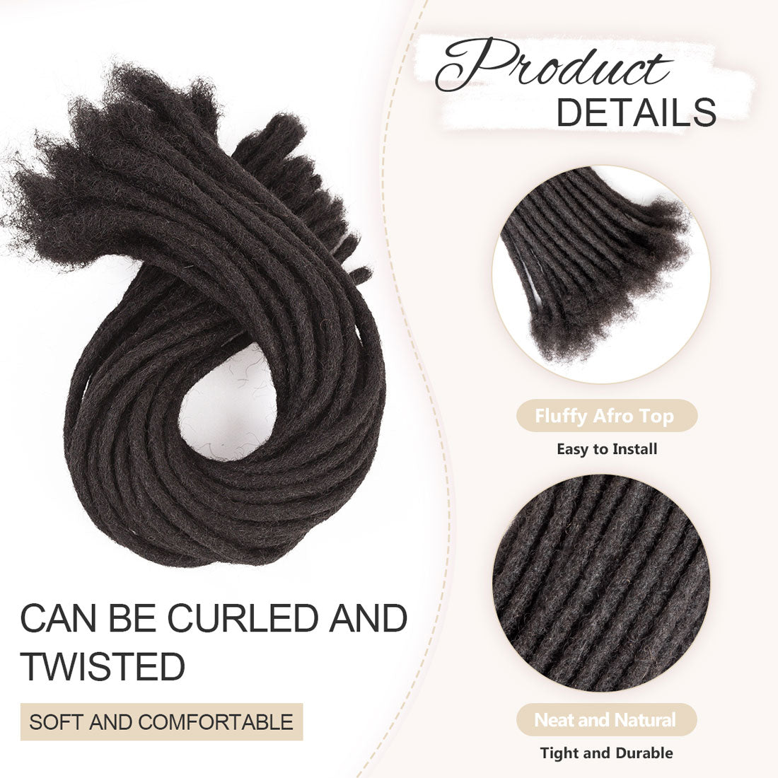 100％ Human Hair Loc Extensions for Black Men and Women, handmade, Natural Black, 0.4-0.8cm, Dreads 1.0