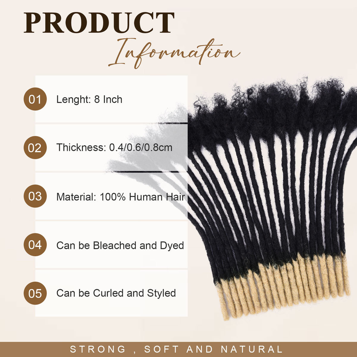 Handmade T1B/613 human hair dreadlocks extensions, 0.4-0.8cm thick, 8 inch length, 2 inch blonde tips.