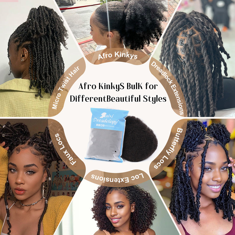 Afro Kinkys Bulk Human Hair for Dreadlocks/Braids/Twists/Repair Locs, Natural Black 6-22 Inch