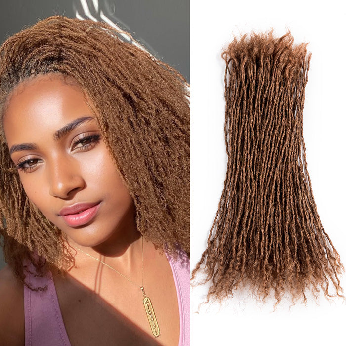 Model with curly brown sisterlocks; bundle of 100% human hair micro locs extensions #30.
