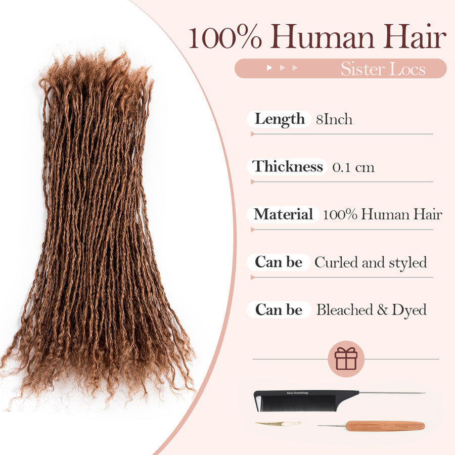 8-inch human hair interlocking Sisterlocks micro locs extensions, curly brown tips.