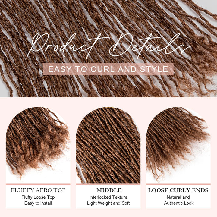 Brown #30 human hair interlocking Sisterlocks extensions showing fluffy top, interlocked middle, curly ends.