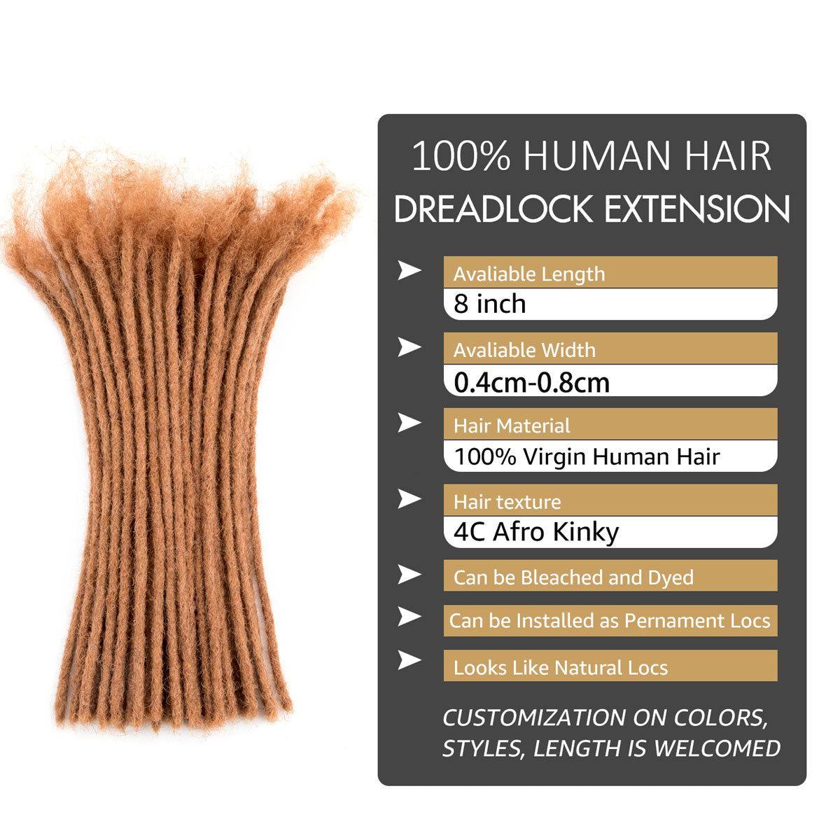 #30 Extensions de dreadlocks de cheveux humains bruns Locs faits à la main épaisseur de 0,8 cm