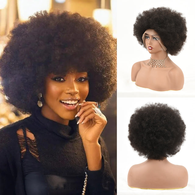 Afro human hair wig with full lace base, natural texture, on model and mannequin.