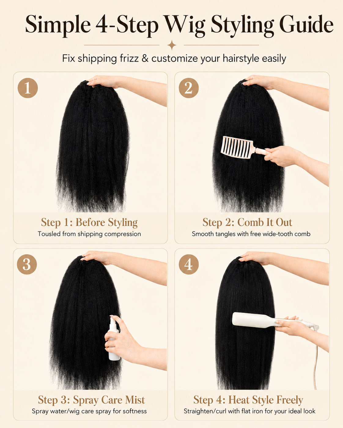 V Part Glueless Drawstring Kinky Straight 100% Human Hair Wig, 210% Density, No Leave Out, Soft Natural Blend, Adjustable Cap, Beginner Friendly Wear and Go Wig