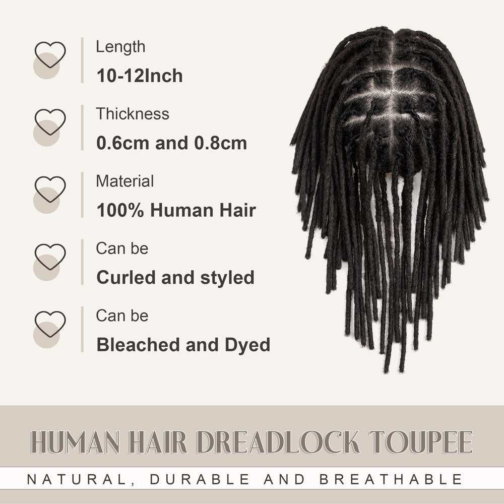 Unité de Base Afro Dreadlocks toupet Afro locs pour hommes noirs, tissage de cheveux 100% naturels, 8x10 pouces avec dentelle transparente