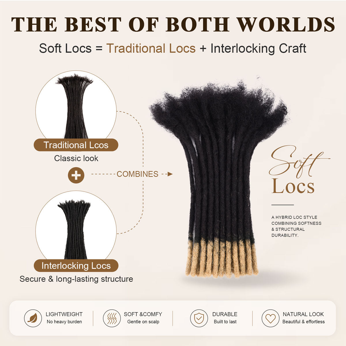 Soft locs combining traditional locs texture with interlocking craftsmanship.