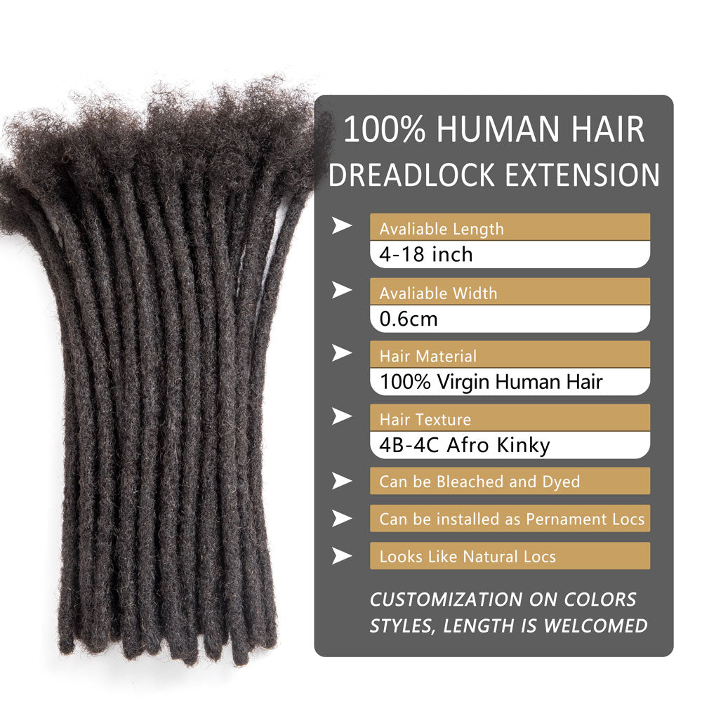 Dreadlocks de Cheveux Humains 4C Extensions Locs Permanentes Instantanées Afro Dreads 0.6cm (6-18 Pouces)