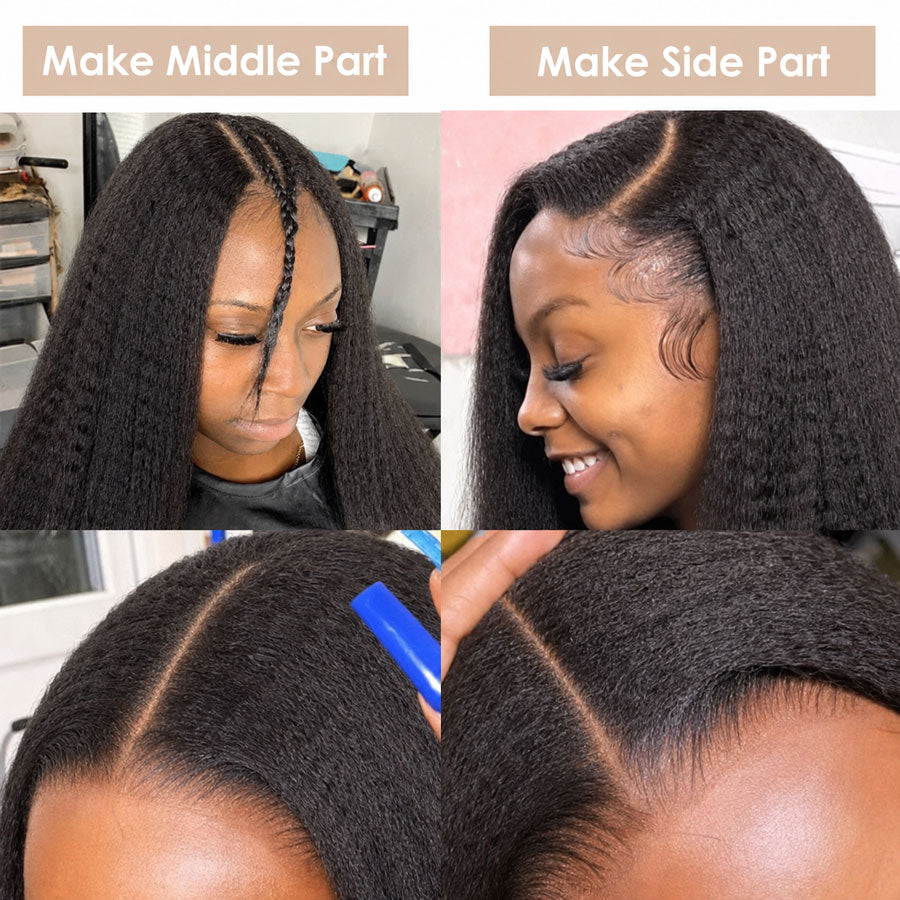 V Part Glueless Drawstring Kinky Straight 100% Human Hair Wig, 210% Density, No Leave Out, Soft Natural Blend, Adjustable Cap, Beginner Friendly Wear and Go Wig