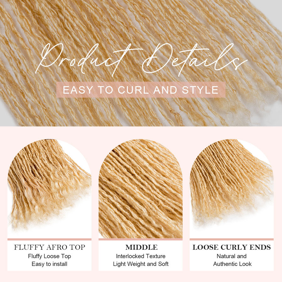 Blonde #613 human hair interlocking Sisterlocks extensions showing fluffy top, interlocked middle, curly ends.