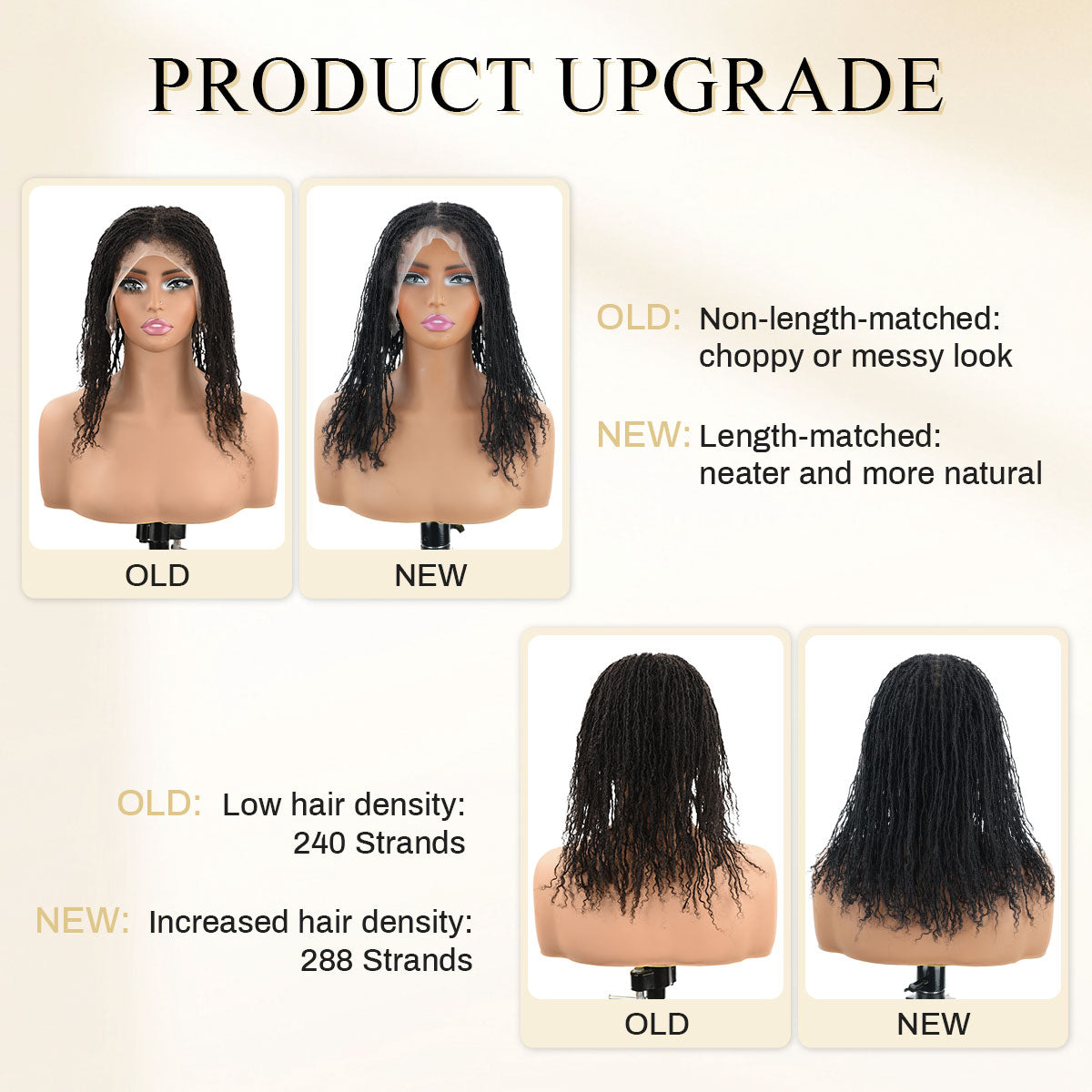 Sister Locs human hair full lace wig upgrade: new vs old, improved length & density.