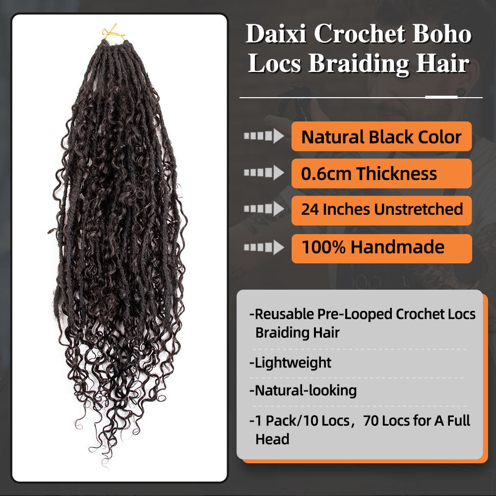 Pre-looped Crochet Boho Locs Braiding Hair With Human Hair Curls Pre Looped Boho Goddess Locs Crochet Hair Dreadlocks Curly Full Ends Hair Extensions For Black Women Natural Color