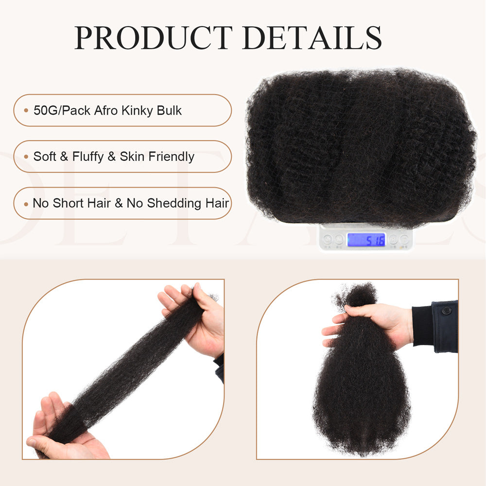 Afro Kinkys Bulk Human Hair for Dreadlocks/Braids/Twists/Repair Locs, Natural Black 6-22 Inch