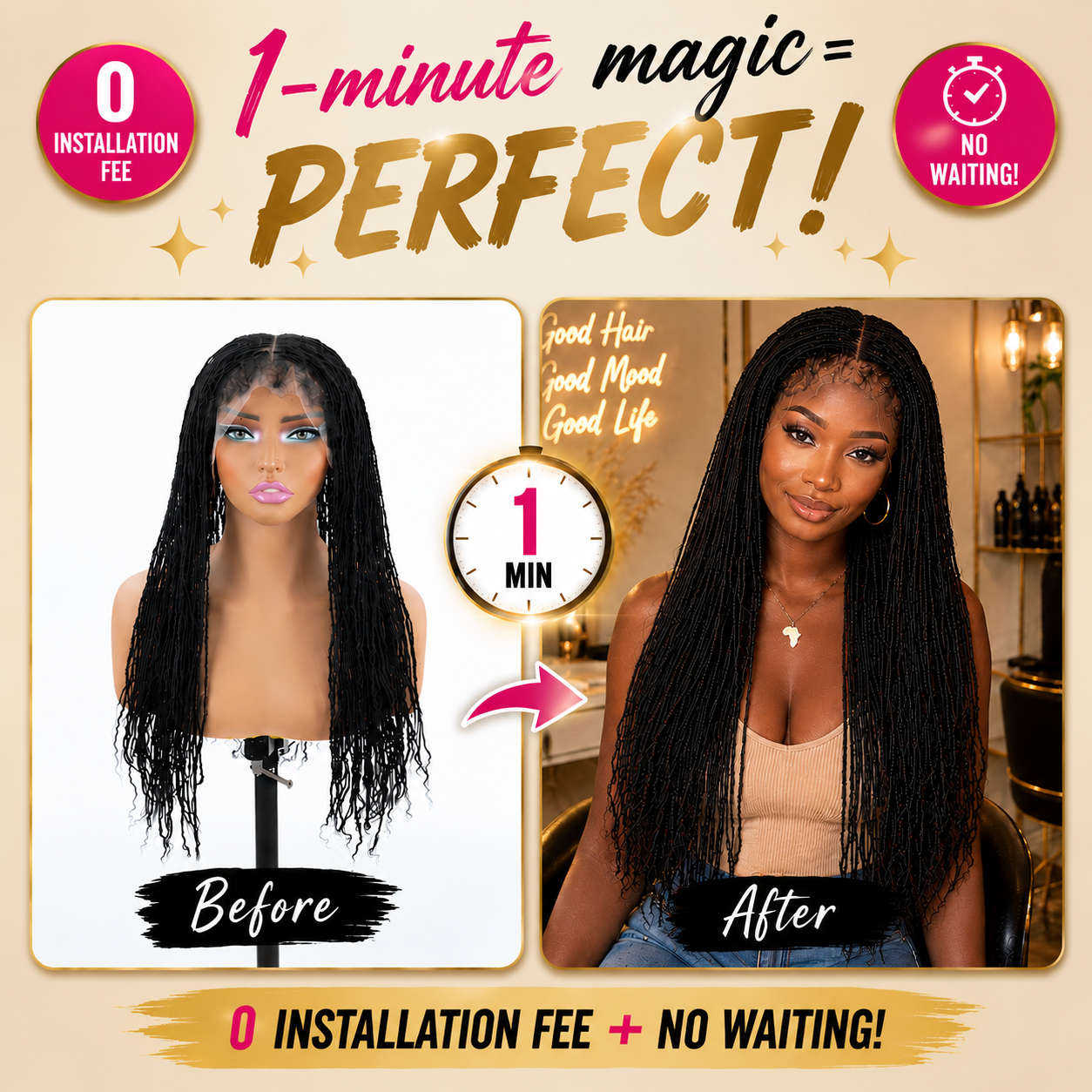 The sister wig was placed on the real model's head.