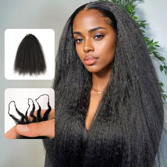 Kinky straight crochet hair extensions for braids & twists, showing installation loop and voluminous texture.