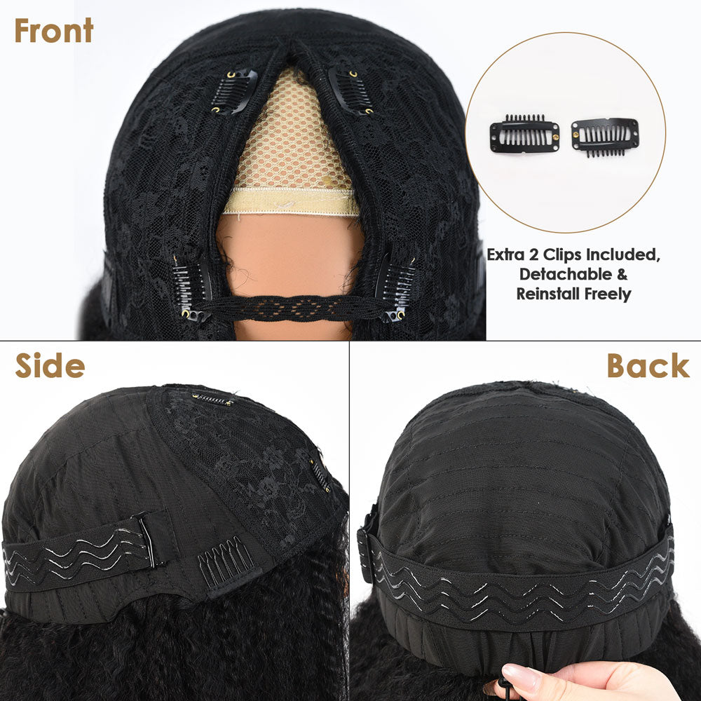 V Part Glueless Drawstring Kinky Straight 100% Human Hair Wig, 210% Density, No Leave Out, Soft Natural Blend, Adjustable Cap, Beginner Friendly Wear and Go Wig