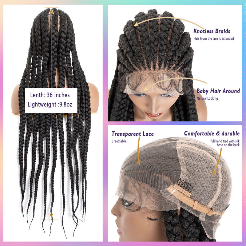 Perruques tressées en dentelle complète de 36 pouces pour femmes noires, perruques tressées synthétiques sans nœuds tricotées à la main avec cheveux de bébé (partie libre)