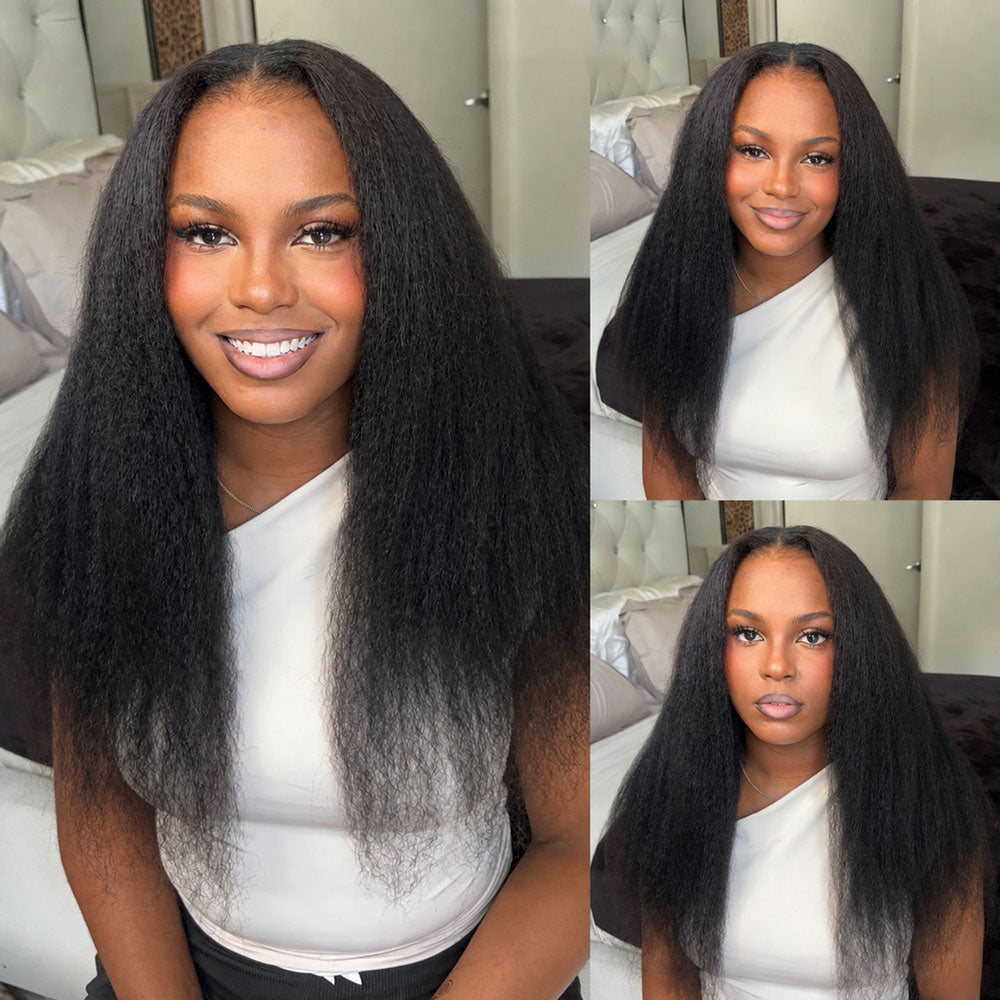 V Part Glueless Drawstring Kinky Straight 100% Human Hair Wig, 210% Density, No Leave Out, Soft Natural Blend, Adjustable Cap, Beginner Friendly Wear and Go Wig