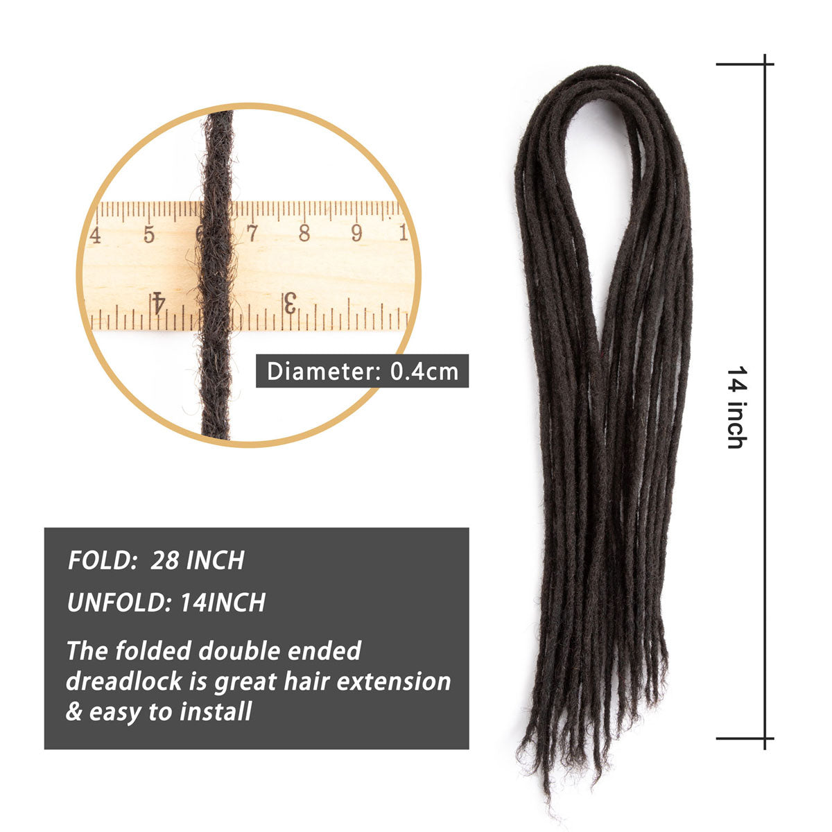 Double Pointy End Dreadlocks Extensions Human Hair Permanent Dreads Locs Hair Extensions for Retwist Natural Color 0.4cm Thin  28 Inch
