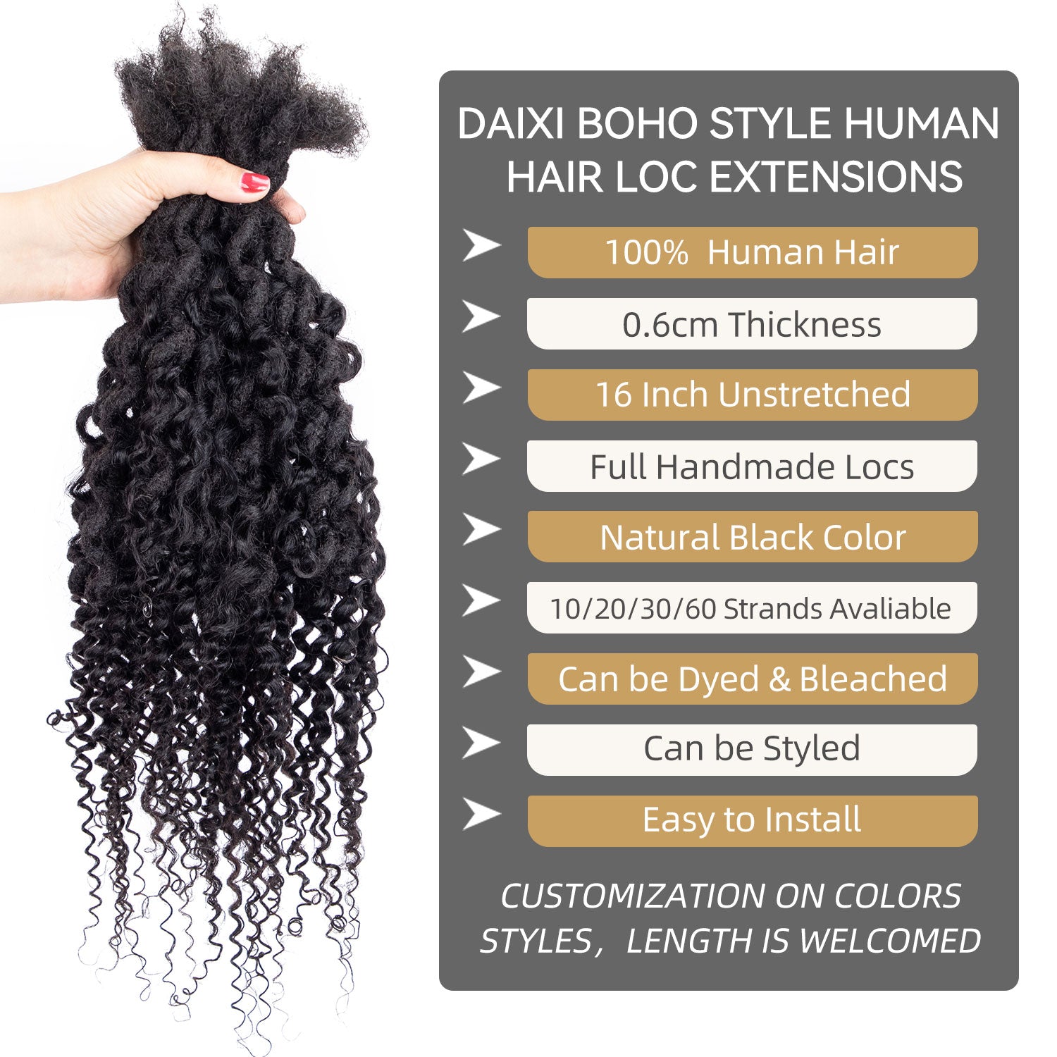 Boho Dreadlocks Extensions with Curly Ends Afro Human Hair Handmade Goddess Locs 0.6cm Thickness Natural Black