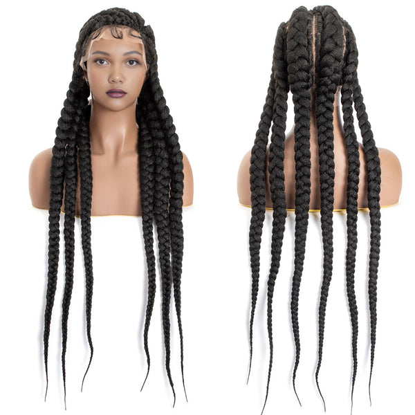 36" Full Lace Cornrow Box Braid Wigs for Black Women Full Knotless Hand-Knitted Feed In Synthetic Braided Wigs with Baby Hair(Left Part)