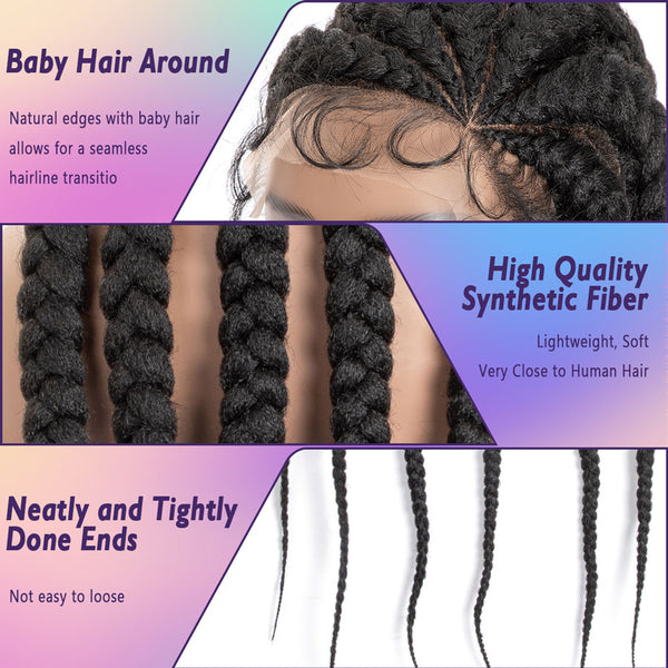 36" Full Lace Cornrow Box Braid Wigs for Black Women Full Knotless Hand-Knitted Feed In Synthetic Braided Wigs with Baby Hair(Left Part)