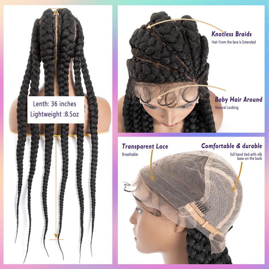 Perruques tressées en dentelle complète de 36 pouces pour femmes noires, perruques tressées synthétiques tricotées à la main sans nœuds avec cheveux de bébé (partie gauche)