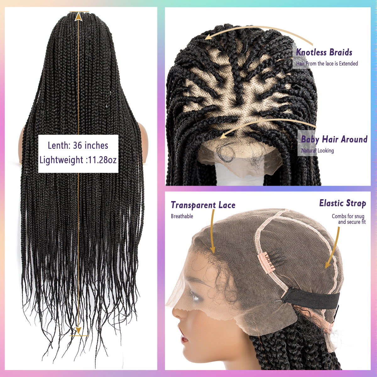 36" Box Braided Wigs Full Lace Knotless Box Braids Wig for Women Synthetic Braided Wig With Baby Hair