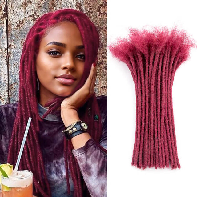Burgundy handmade human hair dreadlock extensions, 0.4-0.8cm, shown on model and as loose locs.