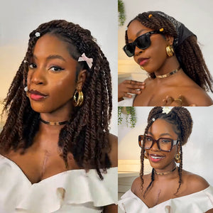 Woman showcases kinky bulk human hair in braids with accessories. Styles include pearls, bandana, and glasses.