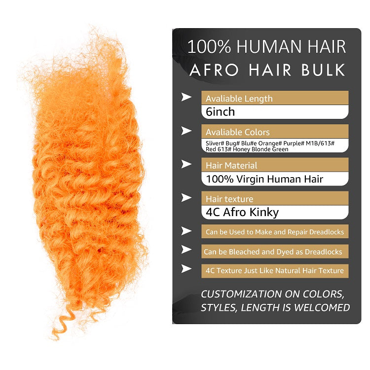 Orange Afro Kinkys Cheveux humains en vrac pour dreadlocks, extensions de réparation 6 pouces
