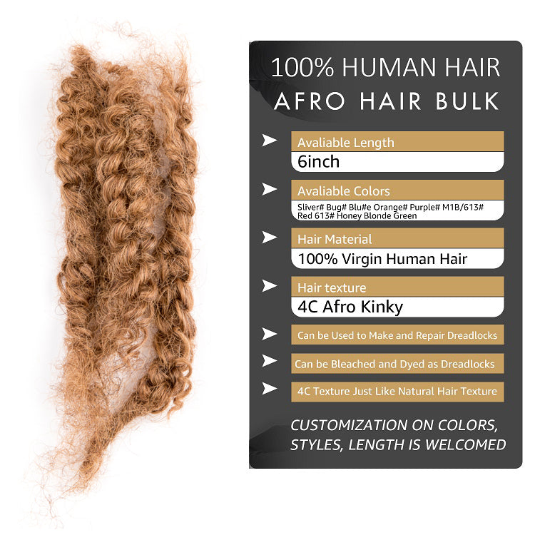 30# 4C Afro Kinkys Cheveux humains en vrac pour dreadlocks, extensions de réparation 6 pouces