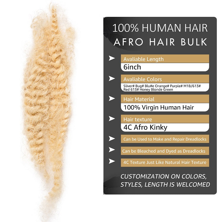 Blonde 613# 4C Afro Kinkys Cheveux humains en vrac pour dreadlocks, extensions de réparation 6 pouces