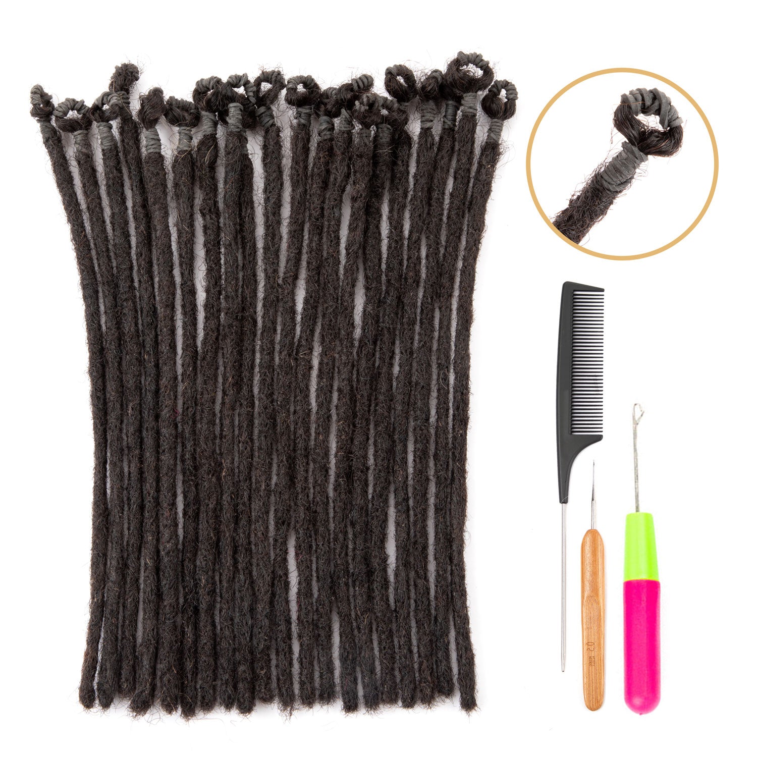 Pre-looped Top Dreadlocks Extensions Human Hair Permanent Dreads for Retwist Natural Color 0.4cm Thickness  (6-18 Inch)