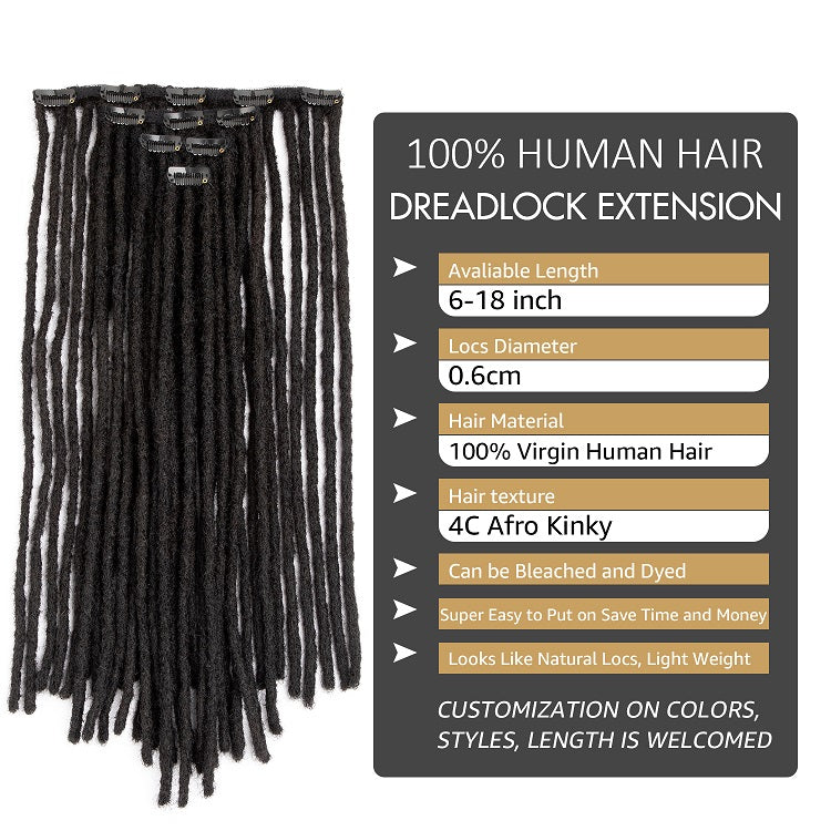 0.6cm Human Hair Natural Color Clip in Dreadlocks Extensions For Men and Women (8-18 inch)