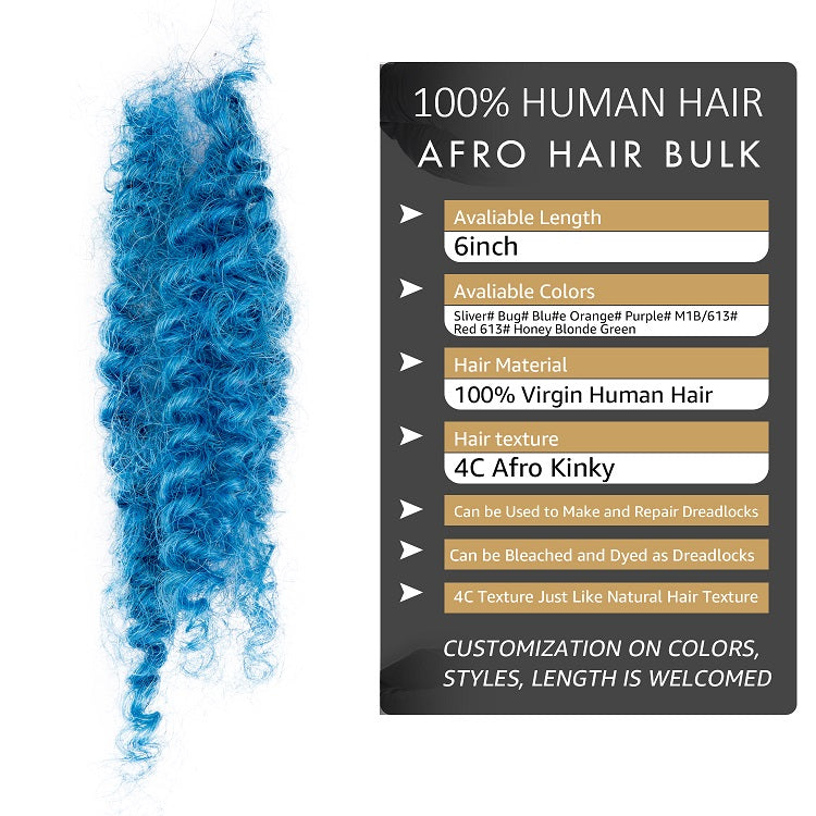 #Bleu 4C Afro cheveux humains en vrac pour dreadlocks, extensions de réparation 6 pouces