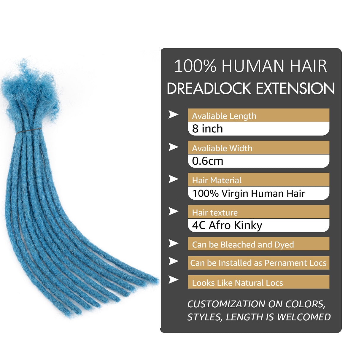 Blue Dreads Extensions Cheveux Humains Dreadlocks 8 Pouces Locs Hair 0.6cm