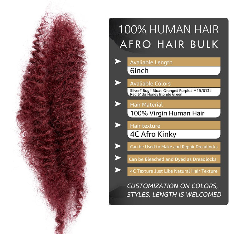 #Burgundy 4C Afro Human Hair Bulk for Dreadlocks, Repair Extensions 6 Inch