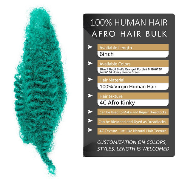 Green 4C Afro Human Hair Bulk for Dreadlocks, Repair Extensions 6 Inch