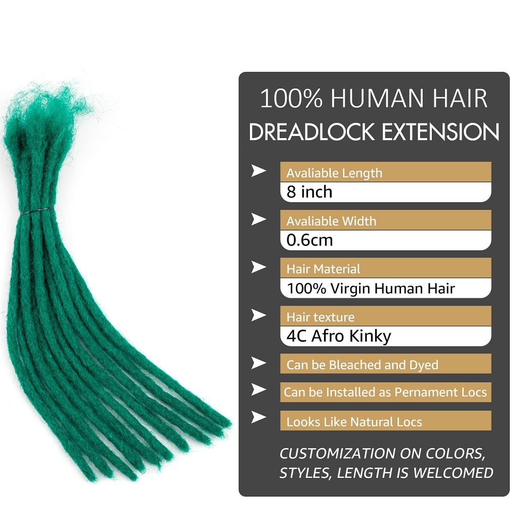 #Green Dreads Extensions de cheveux humains Dreadlocks 8 pouces Locs cheveux 0,6 cm