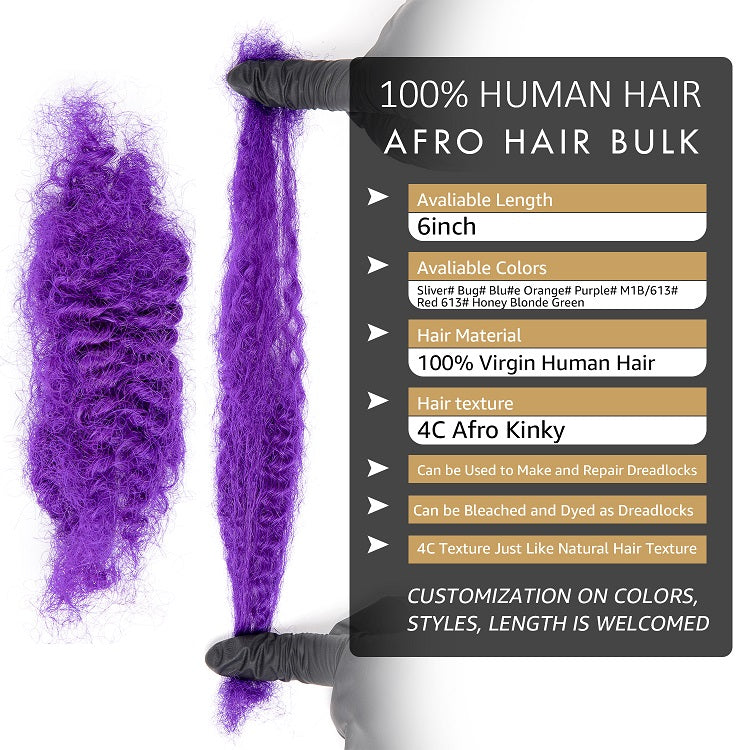 #Purple 4C Afro cheveux humains en vrac pour dreadlocks, extensions de réparation 6 pouces