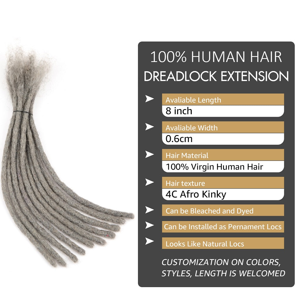#Gris Dreads Extensions de cheveux humains Dreadlocks 8 pouces Locs cheveux 0,6 cm