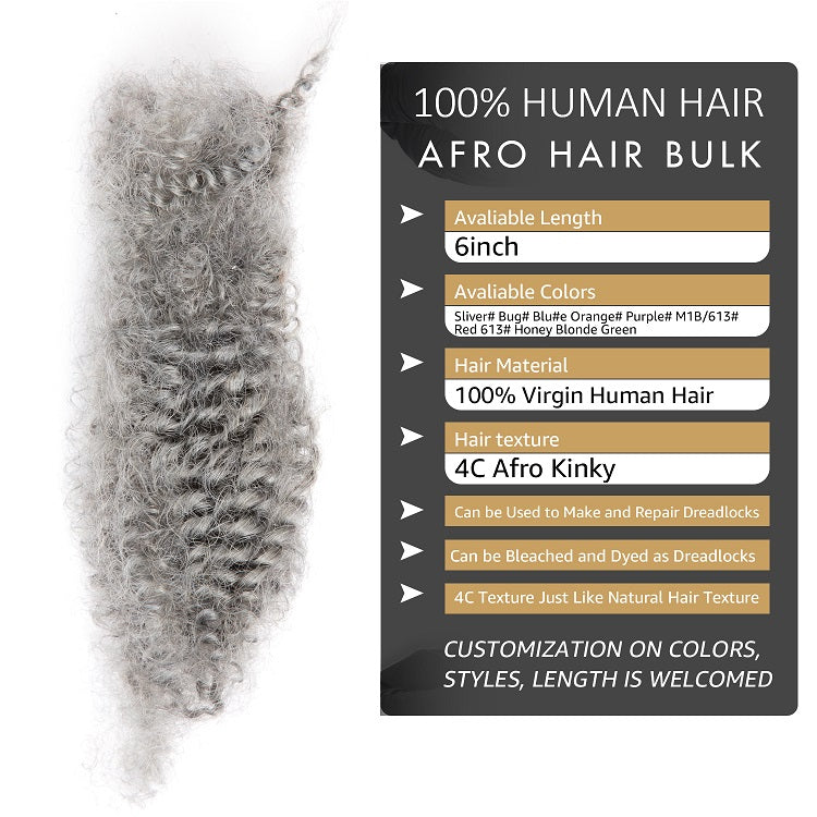 #Grey 4C Afro cheveux humains en vrac pour dreadlocks, extensions de réparation 6 pouces